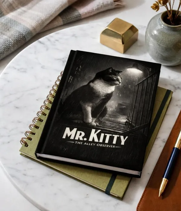Clever Rascal journal mockup, Mr Kitty noir